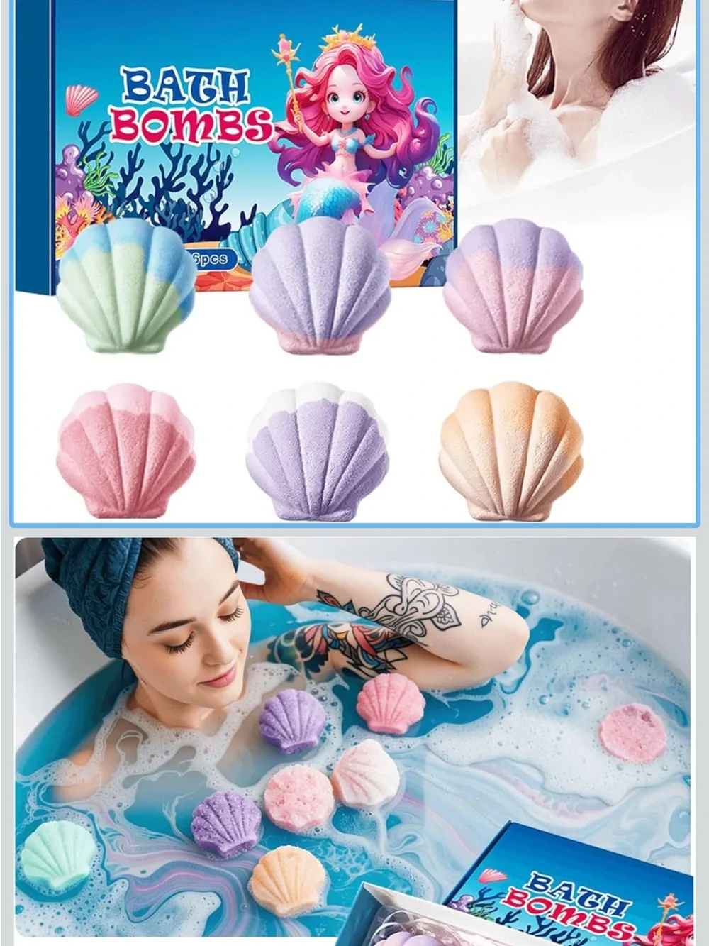 6-Pack Dual-Tone Seashell Bath Bombs - Relaxing Scents Gift Set new unopened